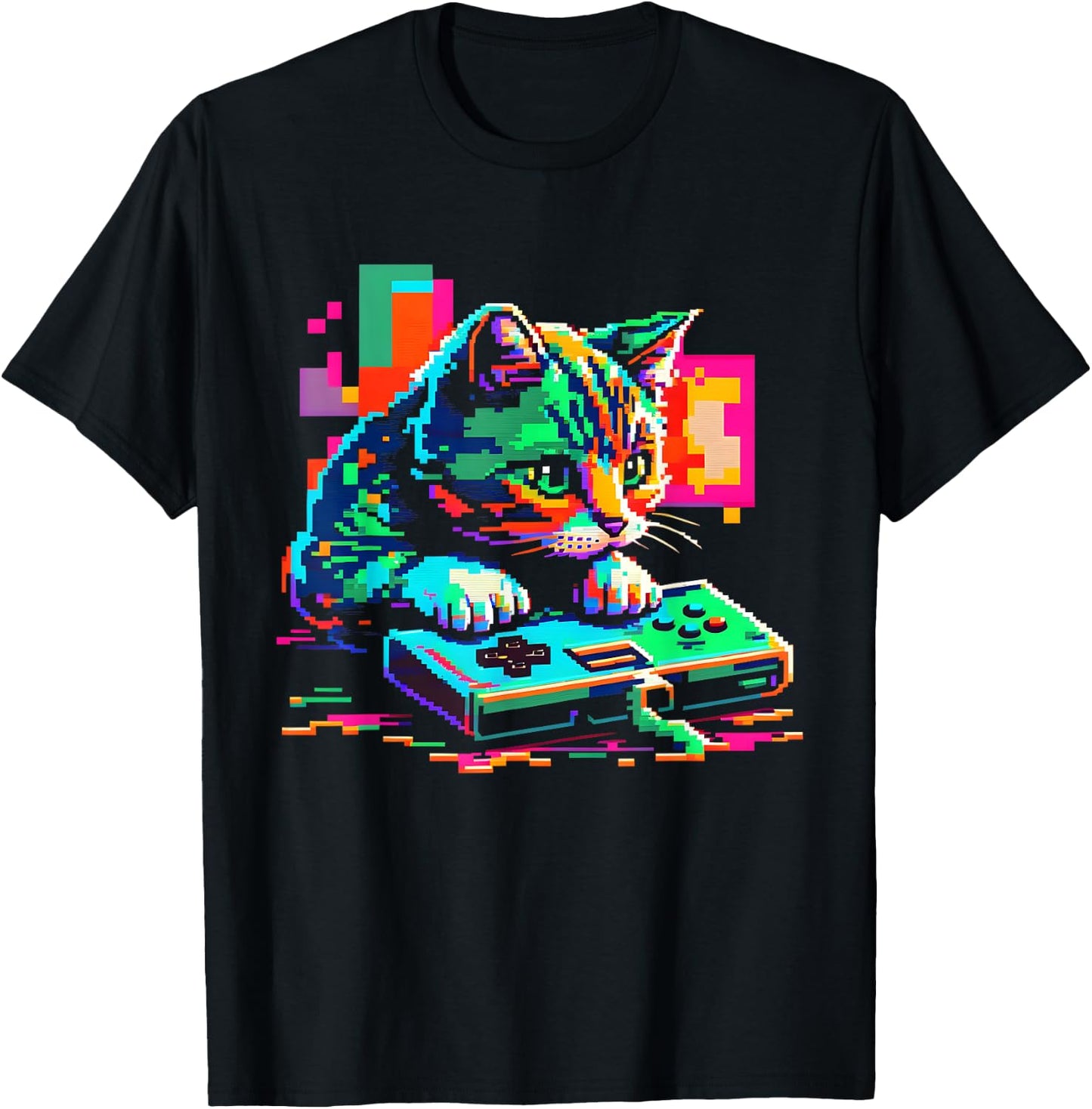 Cat Gaming 8-bit Gaming Cat Pixel Art Gamer Kitten Women Girls Kids T-Shirt - T-Shirt | Black