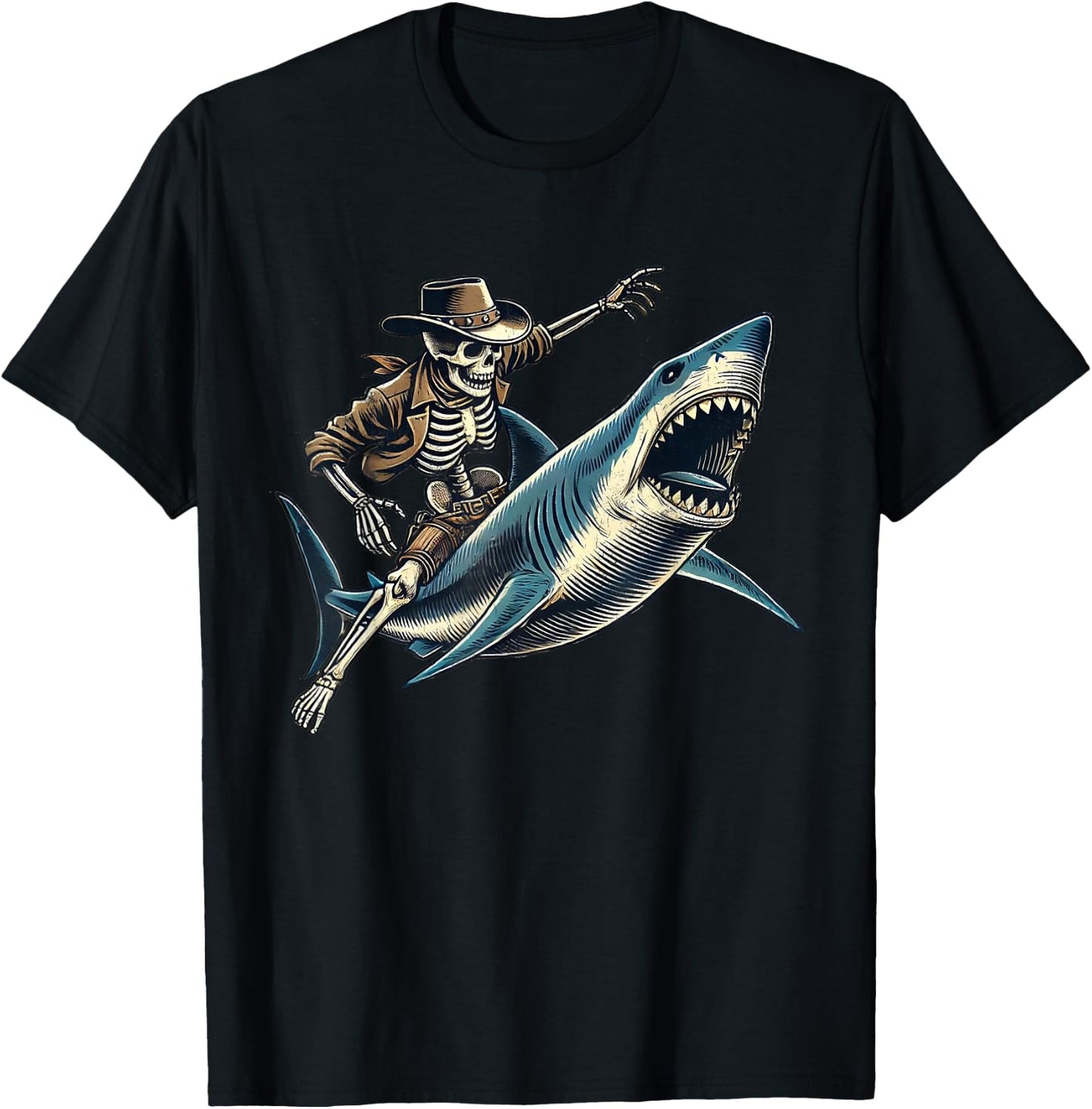 Skeleton Rodeo Shark Funny Vintage Skeleton Riding Shark T-Shirt - T-Shirt | Black