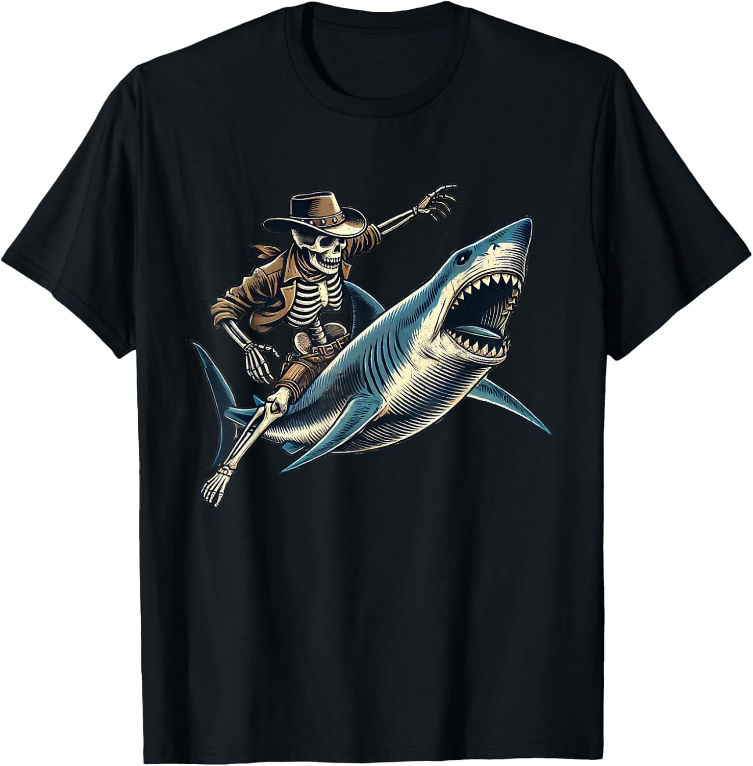 Skeleton Rodeo Shark Funny Vintage Skeleton Riding Shark T-Shirt - T-Shirt | Black