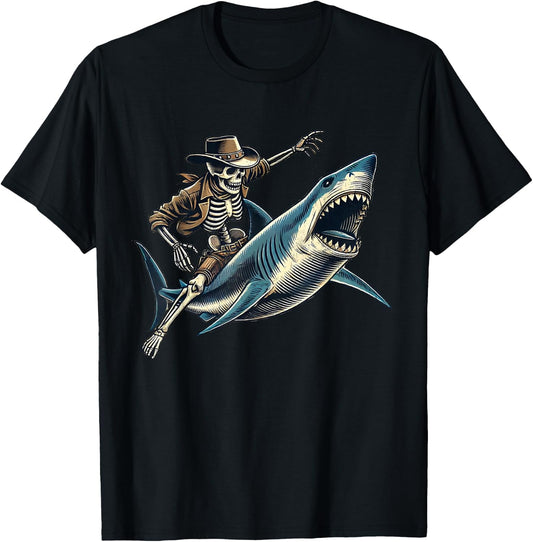 Skeleton Rodeo Shark Funny Vintage Skeleton Riding Shark T-Shirt - T-Shirt | Black