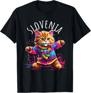 Slovenia Quirky Funny Cute Colorful Dancing Cat Design T-Shirt - T-Shirt | Black