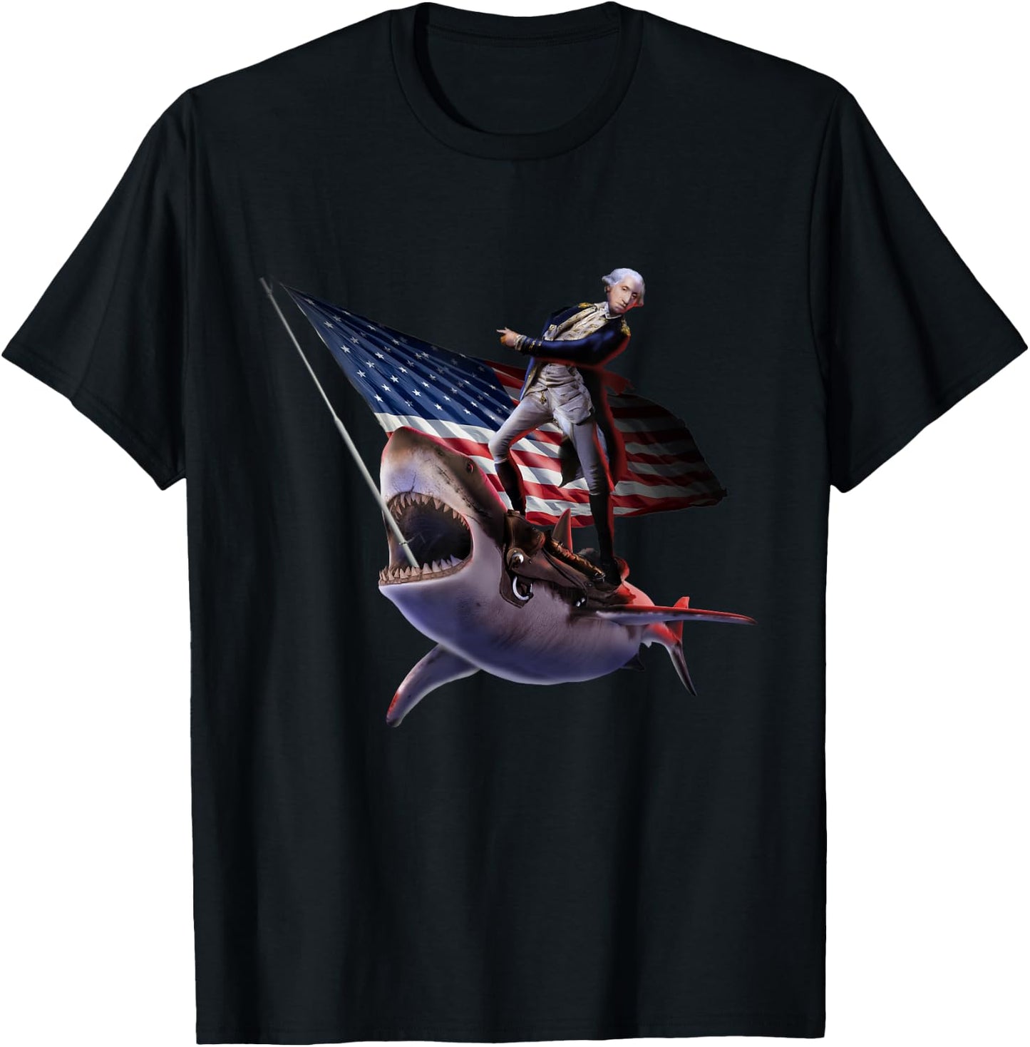 George Washington Riding Shark, 4th July, Patriotic Funny T-Shirt - T-Shirt | Black
