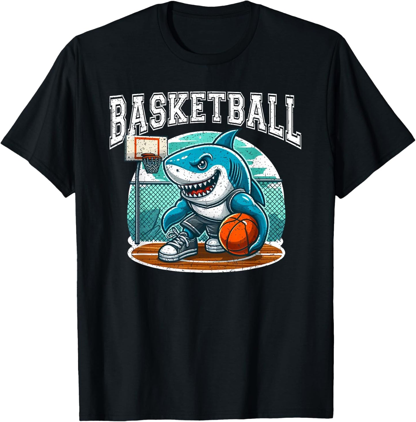 Basketball Shark Playing Basketball Vintage T-Shirt - T-Shirt | Black