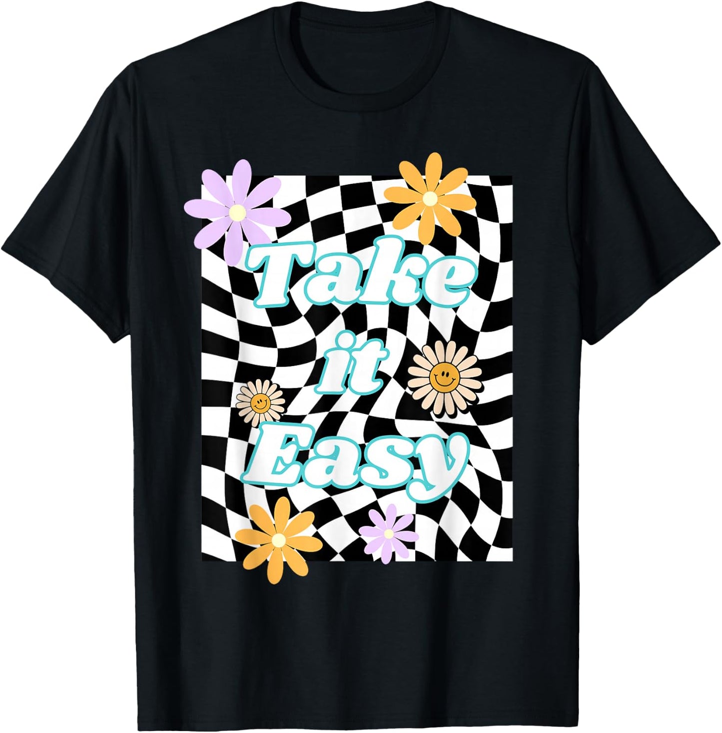 Take It Easy Checkered Groovy Smile Daisy Retro Flower T-Shirt - T-Shirt | Black