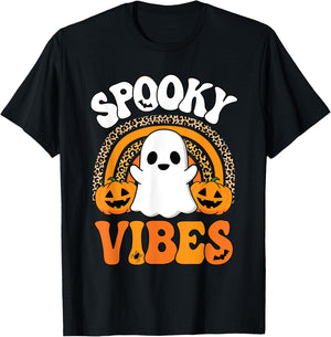 Spooky Vibes Ghost Pumpkin Halloween Rainbow Men Women Kids T-Shirt - T-Shirt | Black