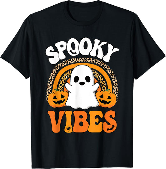 Spooky Vibes Ghost Pumpkin Halloween Rainbow Men Women Kids T-Shirt - T-Shirt | Black