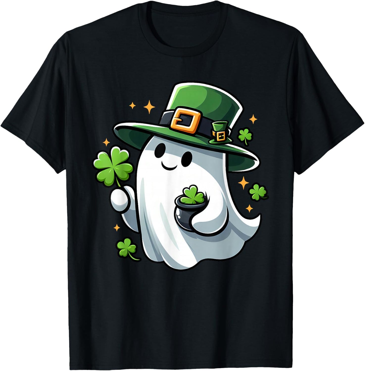 Saint Patricks Day Ghost Clover Pocket Cute My Boo Men Women T-Shirt - T-Shirt | Black