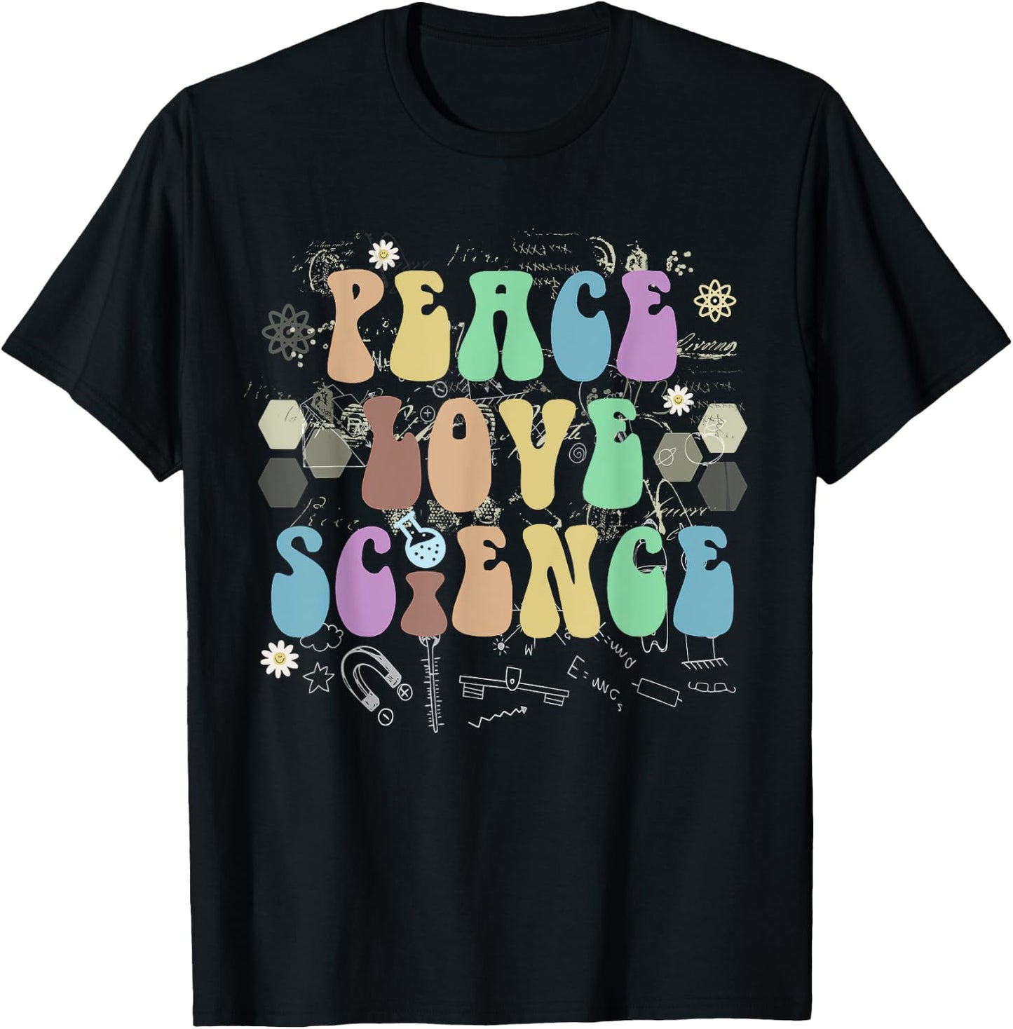 Groovy PEACE LOVE SCIENCE Technology Team STEM Squad T-Shirt - T-Shirt | Black