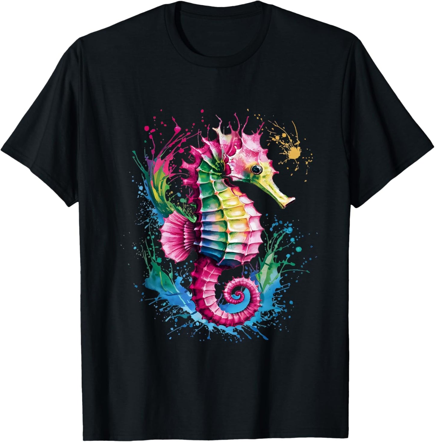Seahorse Men Woman Colorful Watercolor Seahorse T-Shirt - T-Shirt | Black