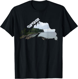 Lake Superior Outline (Split Rock Lighthouse) T-Shirt - T-Shirt | Black
