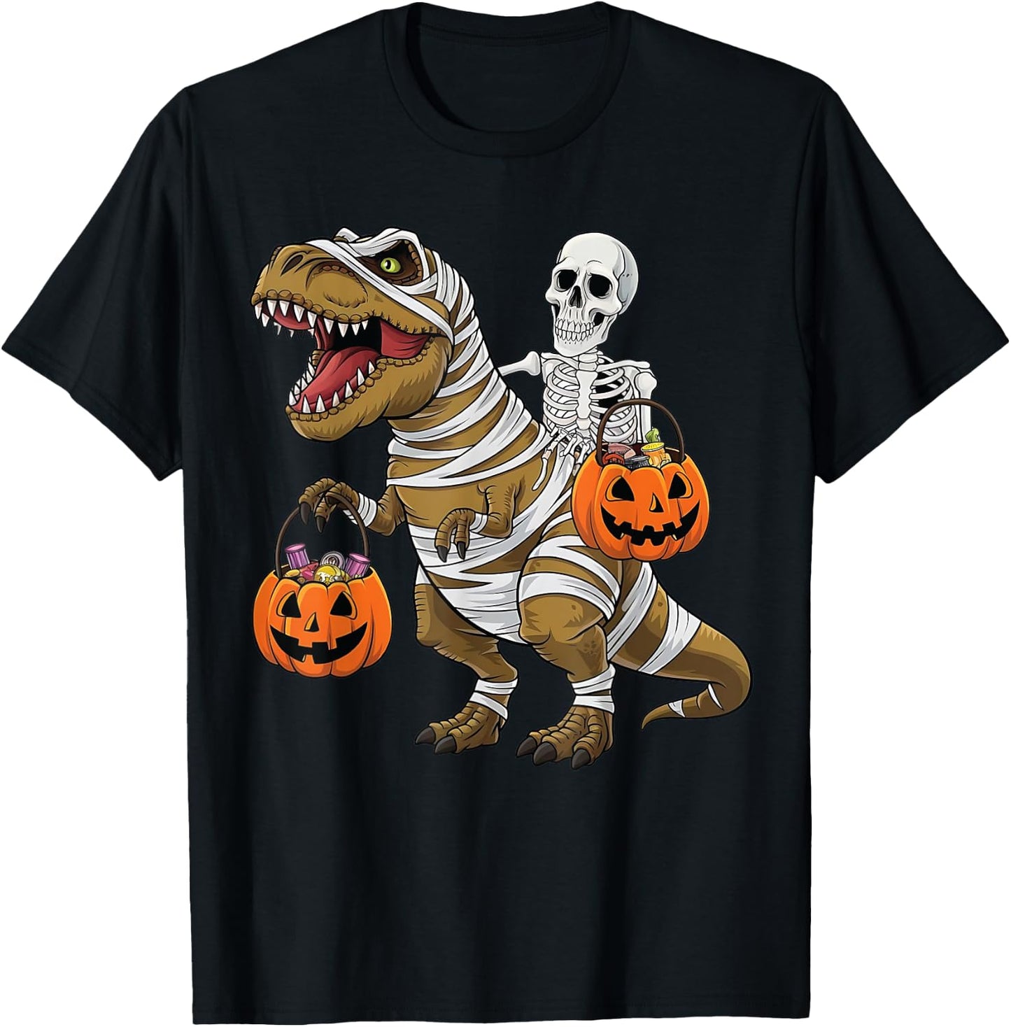 Skeleton Riding Mummy Dinosaur T rex Halloween Funny Pumpkin T-Shirt - T-Shirt | Black
