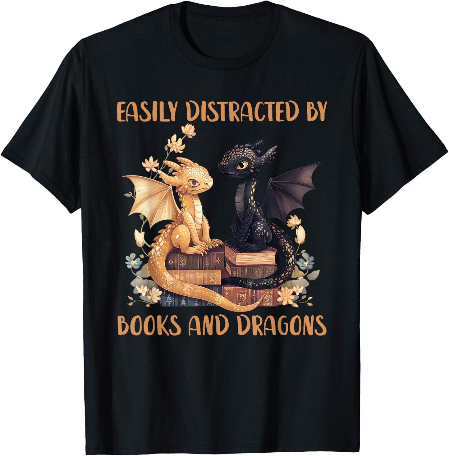 Easily Distracted By Books & Dragons Librarian Book Lover , Small, Black T-Shirt - T-Shirt | Black