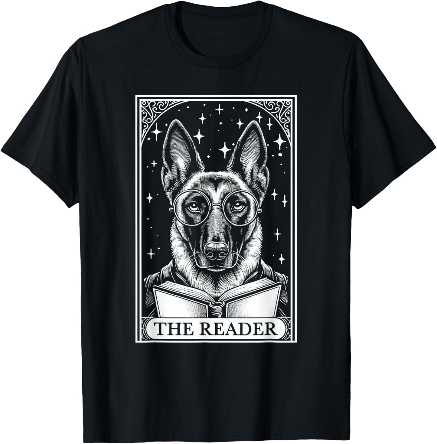 Tarot Card Vintage Belgian Malinois Book Lover The Reader T-Shirt - T-Shirt | Black