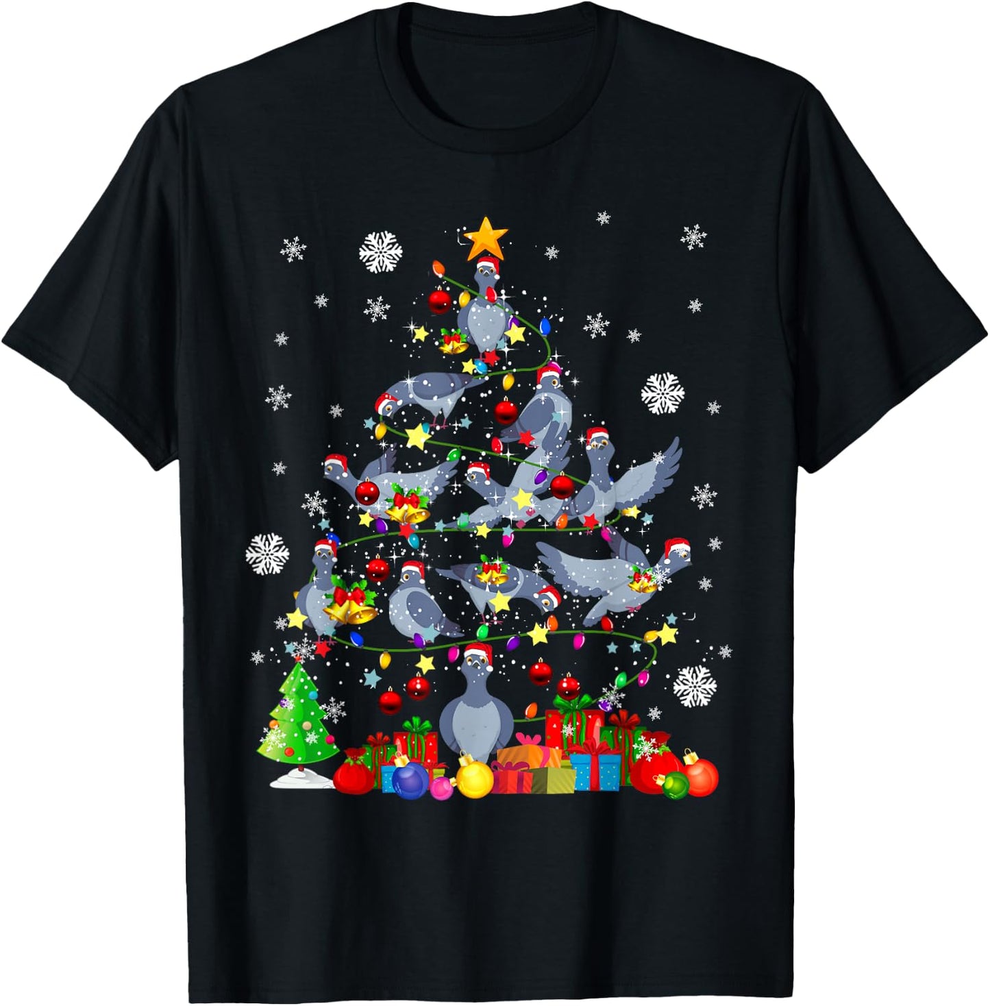 Christmas Tree Light Santa Pigeon Bird Lover T-Shirt - T-Shirt | Black