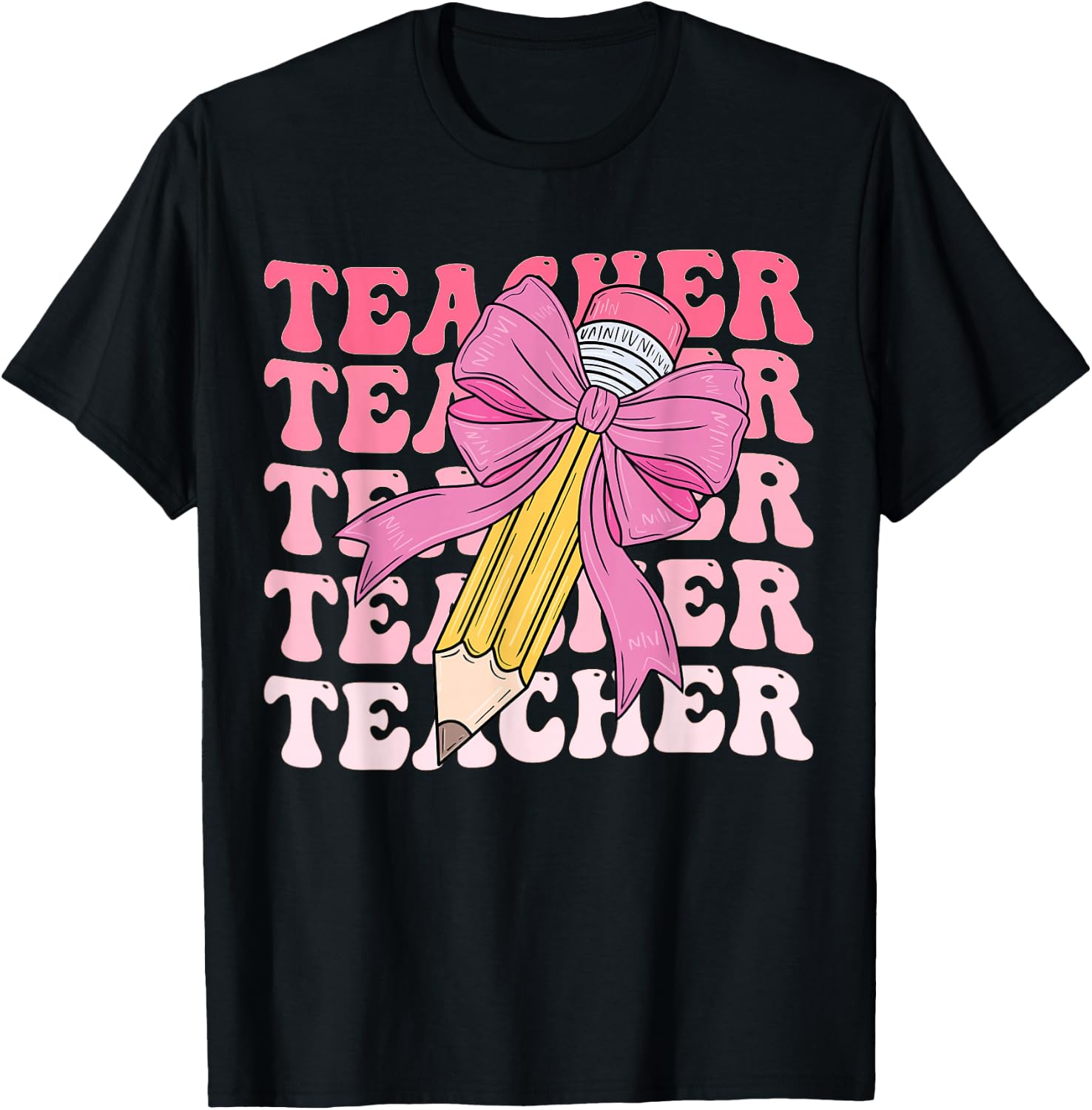 Teacher Pencil Back to School Groovy Pink Teacher First Day T-Shirt - T-Shirt | Black
