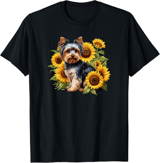 & Girls Cute Sunflowers Yorkie Lover T-Shirt - T-Shirt | Black