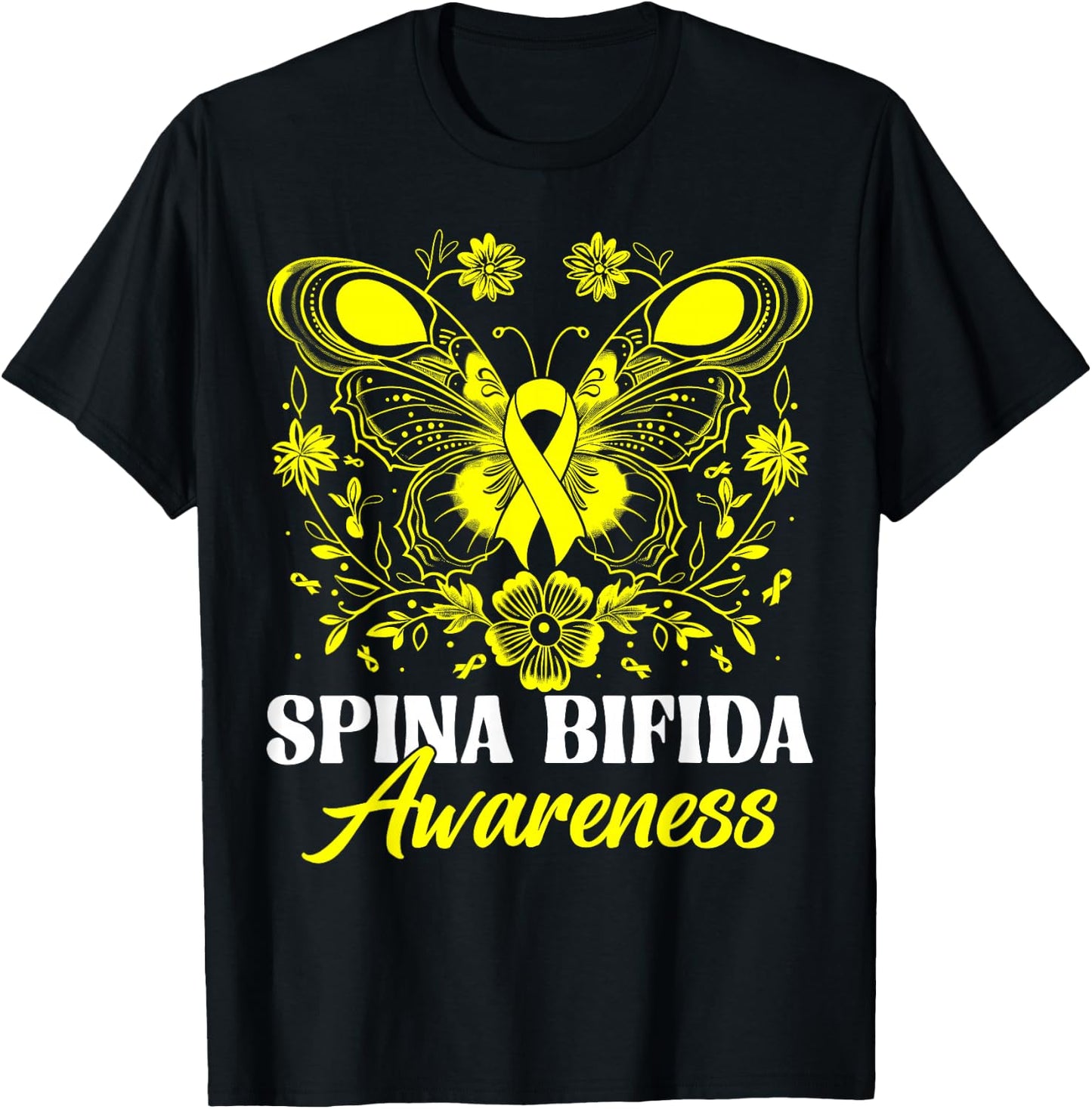 Spina Bifida Awareness Month Warrior Yellow Ribbon Butterfly T-Shirt - T-Shirt | Black