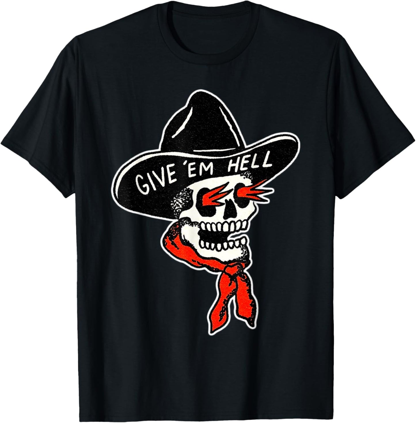 Cowboy Reaper Skull x Give em' Hell Traditional Tattoo Flash T-Shirt - T-Shirt | Black