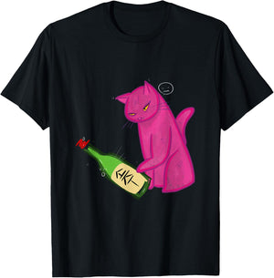 Pink Cat Tipping Soju Bottle T-Shirt - T-Shirt | Black