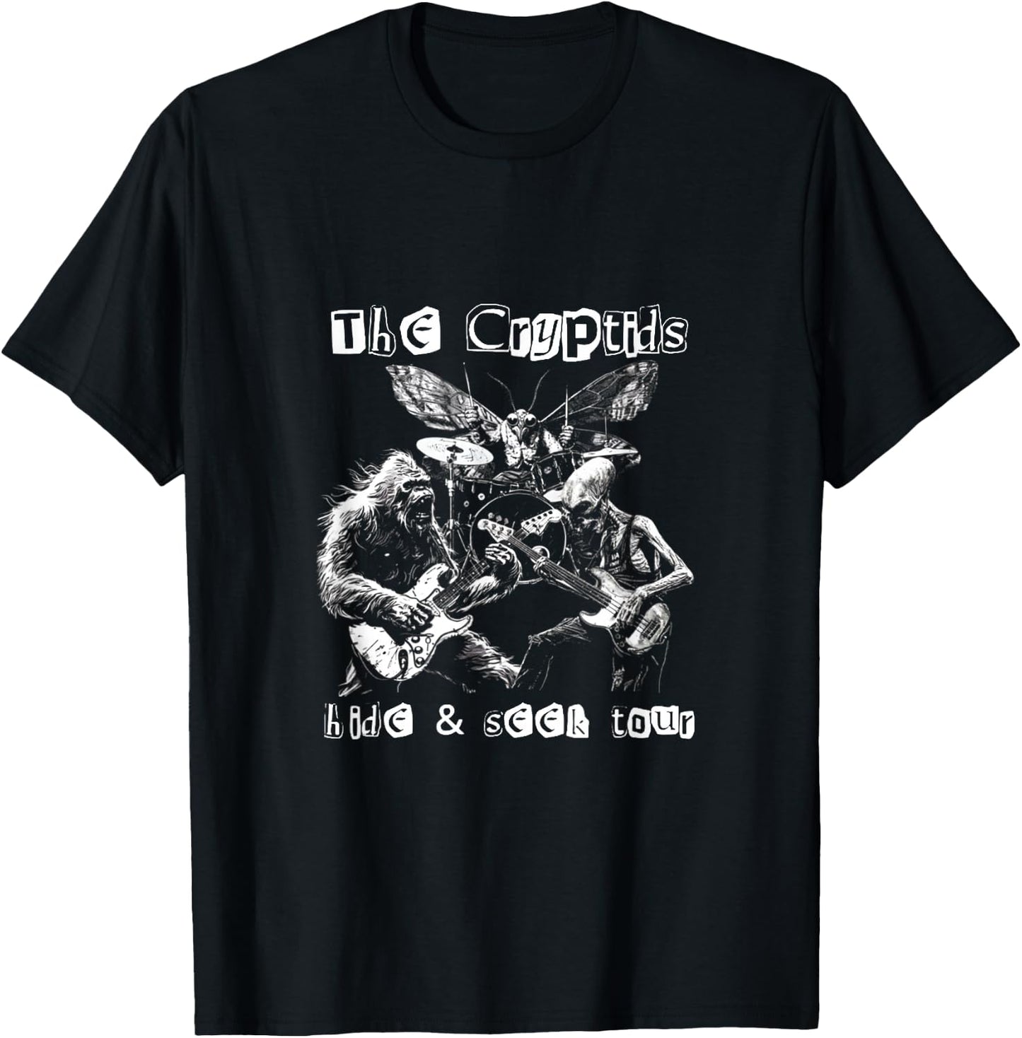 The Cryptids Hide & Seek Tour CryptidBigfoot Mothman UFO T-Shirt - T-Shirt | Black