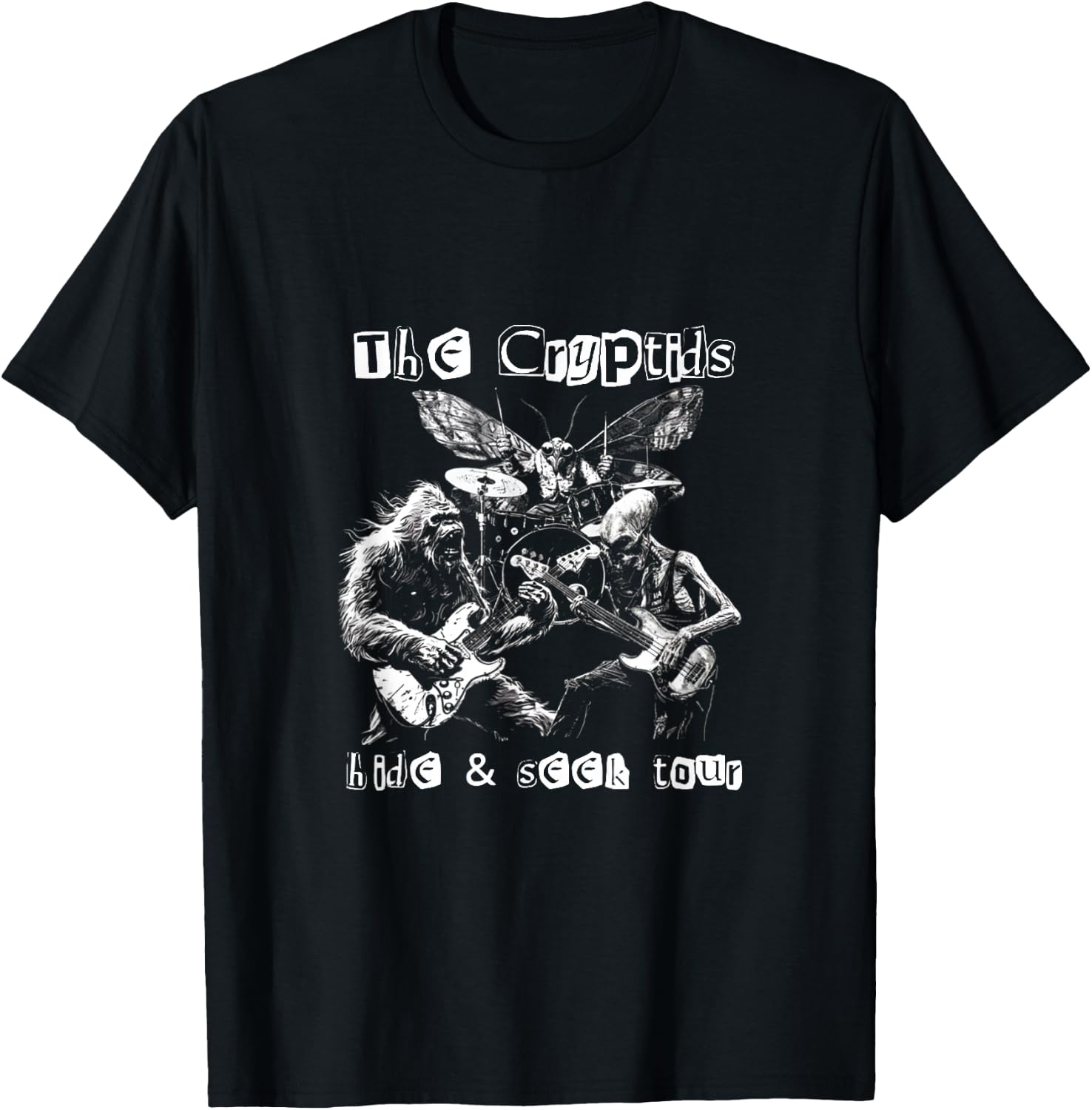 The Cryptids Hide & Seek Tour CryptidBigfoot Mothman UFO T-Shirt - T-Shirt | Black