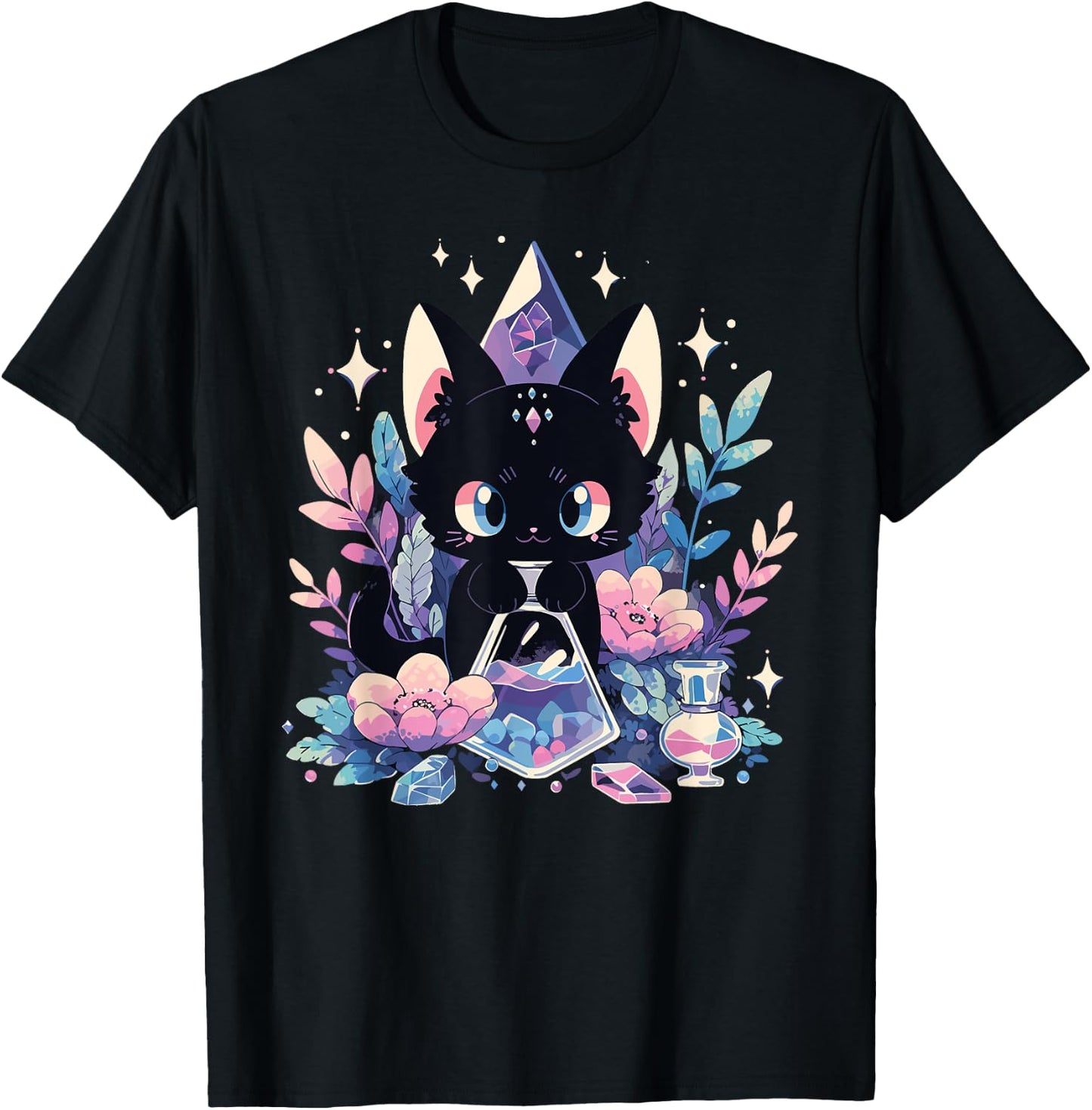 Cute Kawaii Witch Black Cat Crystal Alchemist Pastel Goth T-Shirt - T-Shirt | Black
