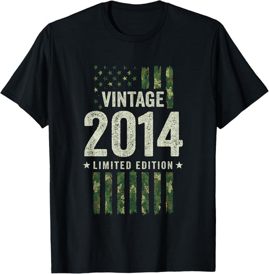 Vintage 2014 - Military Camo American Flag - Birthday 2014 T-Shirt - T-Shirt | Black