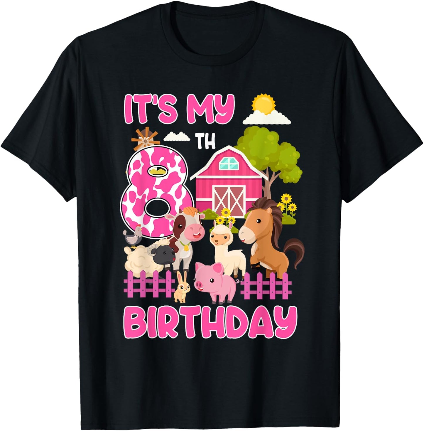 It’s My 8th Birthday Farm Animals 8 Year Old Girl Party T-Shirt - T-Shirt | Black