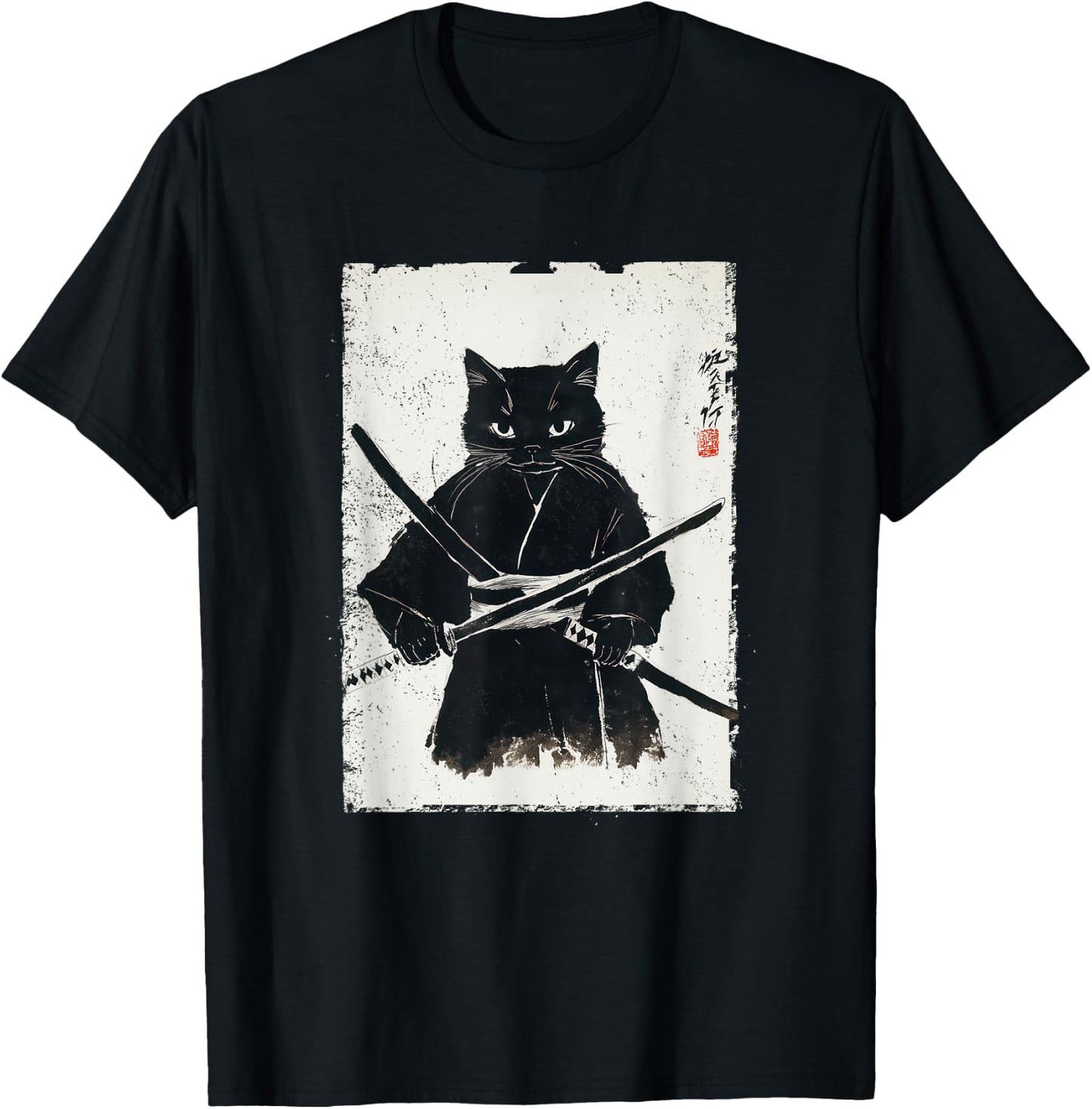 Vintage Samurai Cat Graphic Art Japanese Ukiyo-e T-Shirt - T-Shirt | Black
