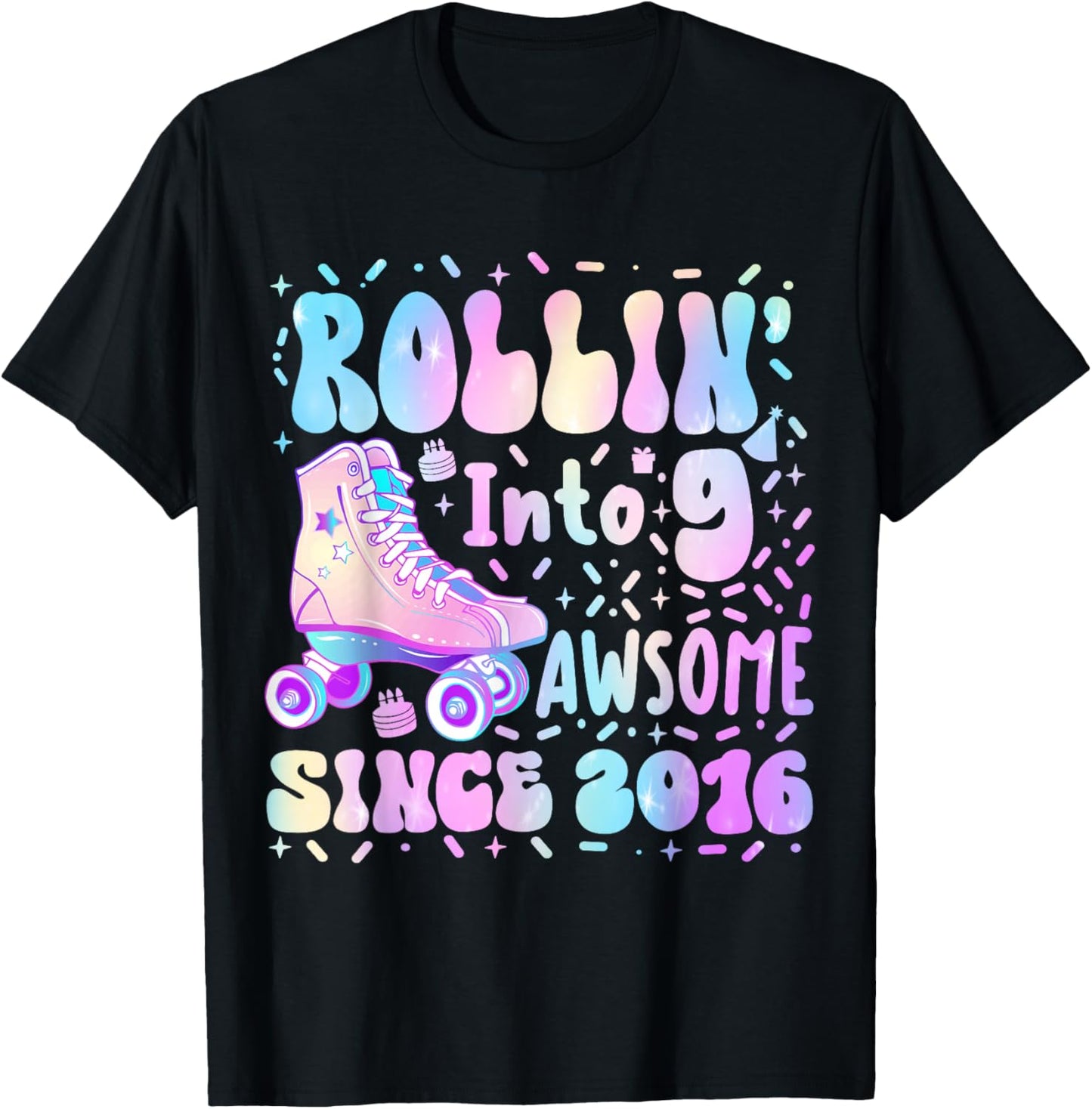 Roller Skating 9th Birthday Rolling Into 9 Since 2016 Girls T-Shirt - T-Shirt | Black