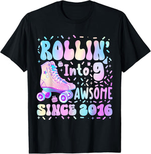 Roller Skating 9th Birthday Rolling Into 9 Since 2016 Girls T-Shirt - T-Shirt | Black