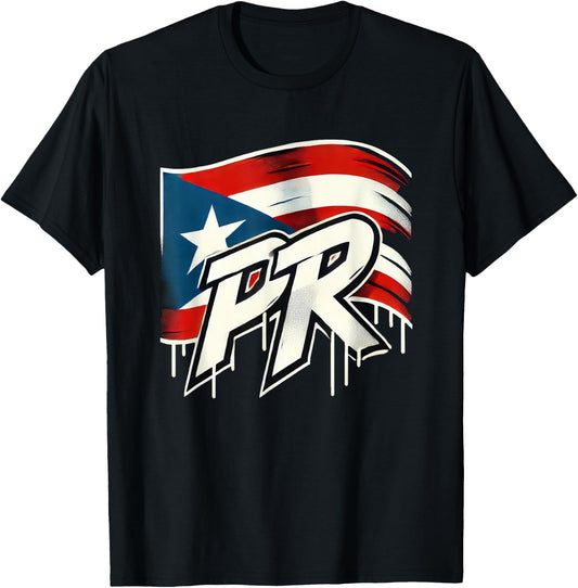 PR Puerto Rico Flag Emblem Logo Graffiti Street Art Fun Cool T-Shirt - T-Shirt | Black