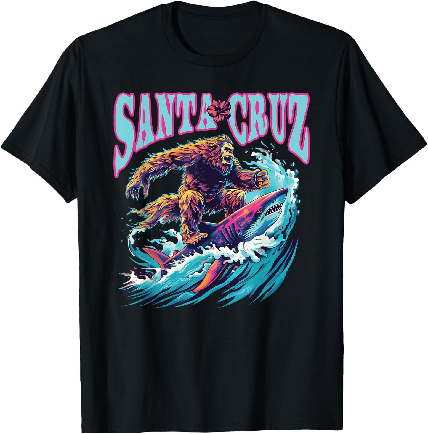 Santa Cruz California Summer Surfing Bigfoot Shark Women Kids T-Shirt - T-Shirt | Black