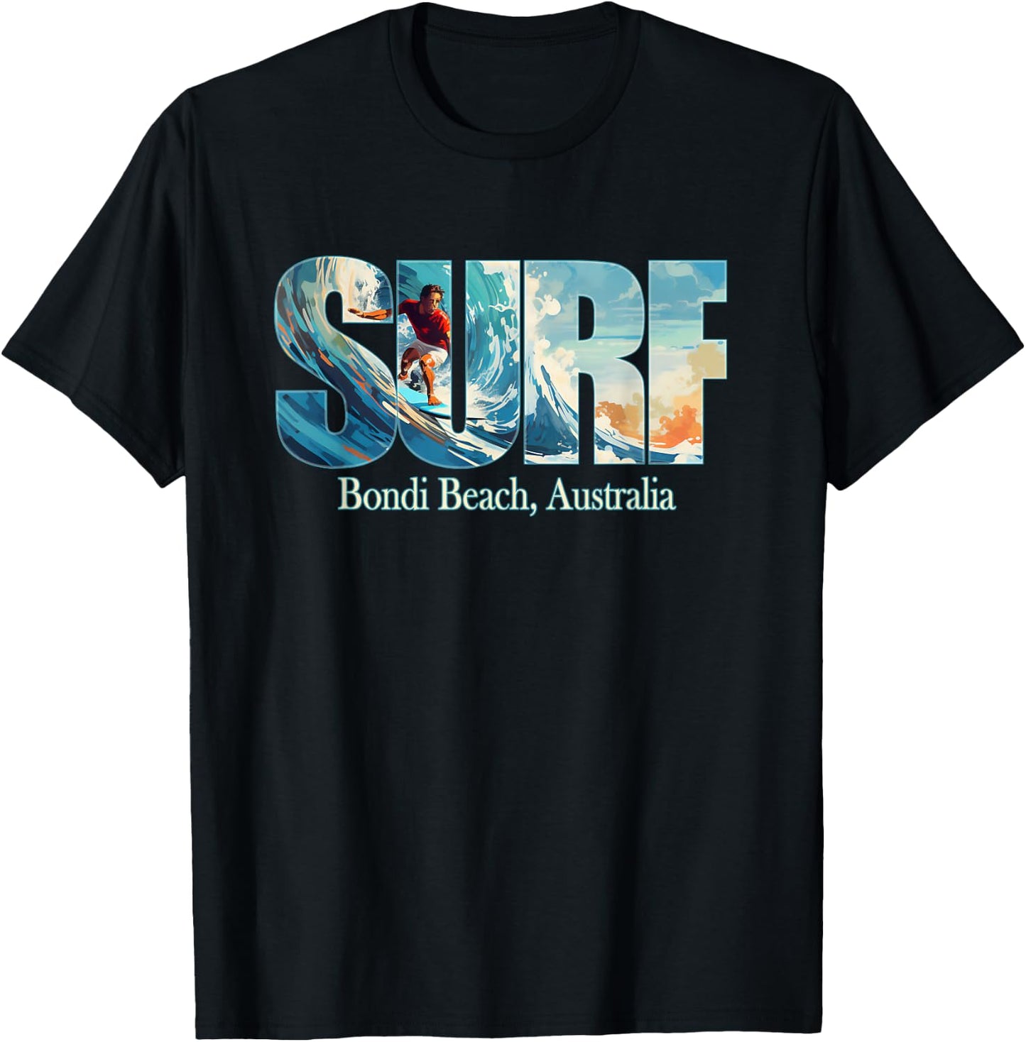 Bondi Beach, Australia Beach Surfing T-Shirt - T-Shirt | Black