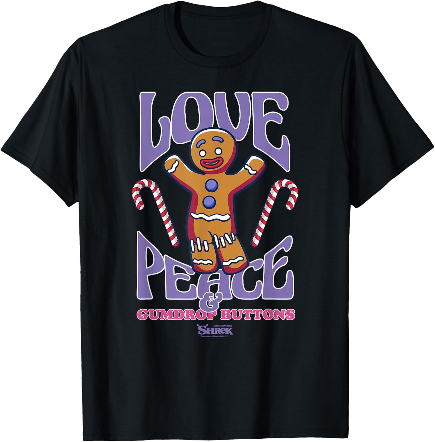 Shrek Gingy Love Peace & Gumdrop Buttons T-Shirt - T-Shirt | Black