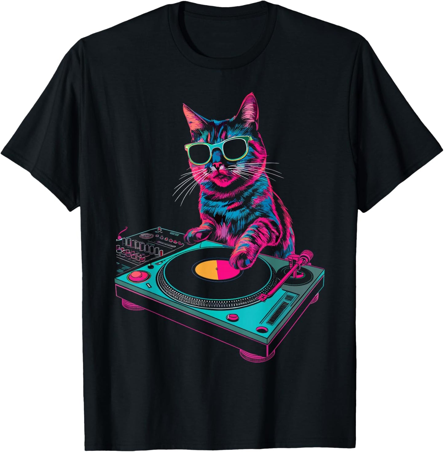 House DJ Cat Rainbow DJ Cat Kitty on Turntable Disco DJ Cat , Small, Black T-Shirt - T-Shirt | Black