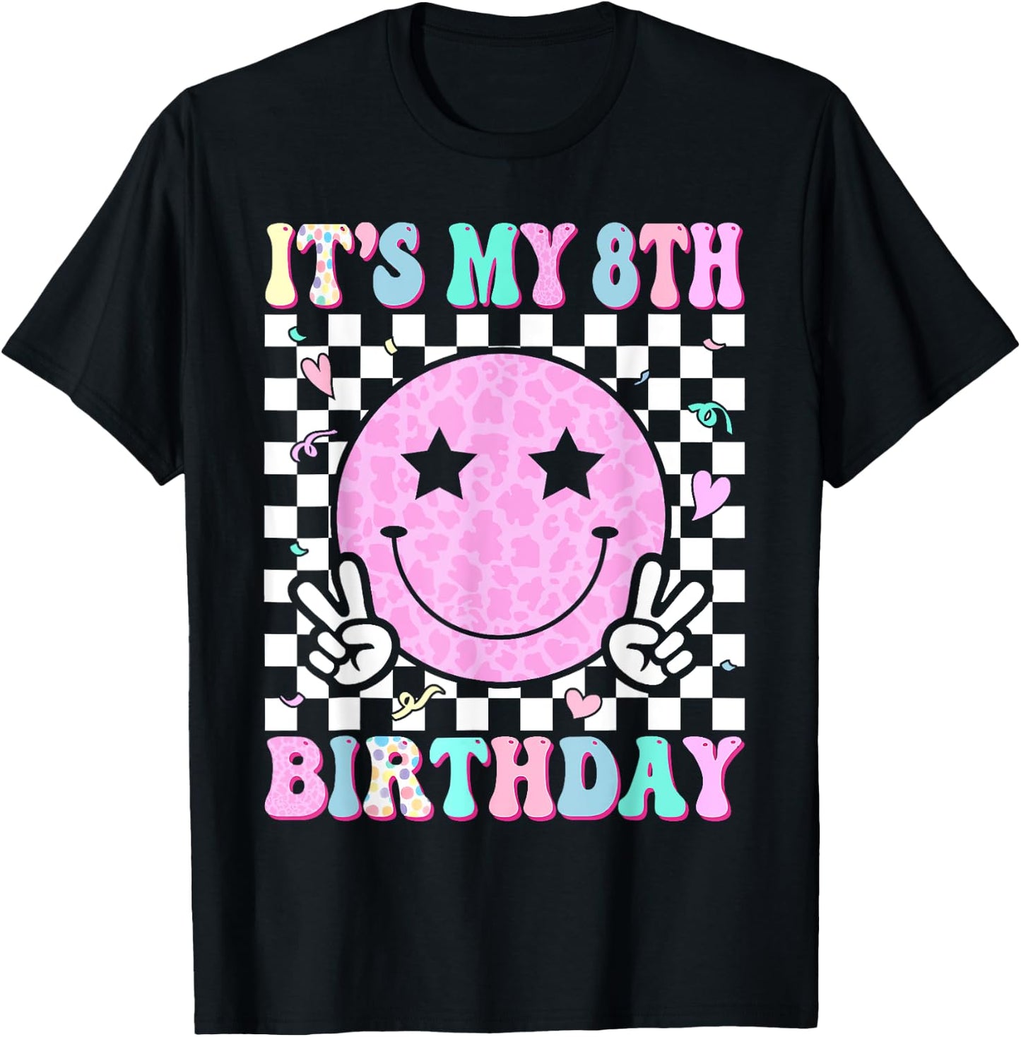 Groovy Hippie Smile Face It's My 8th Birthday 8 Years Old T-Shirt - T-Shirt | Black