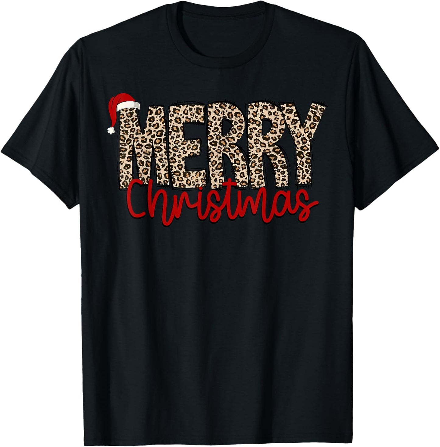 Merry Christmas Leopard Santa Hat Cheetah Print Xmas Pajamas T-Shirt - T-Shirt | Black