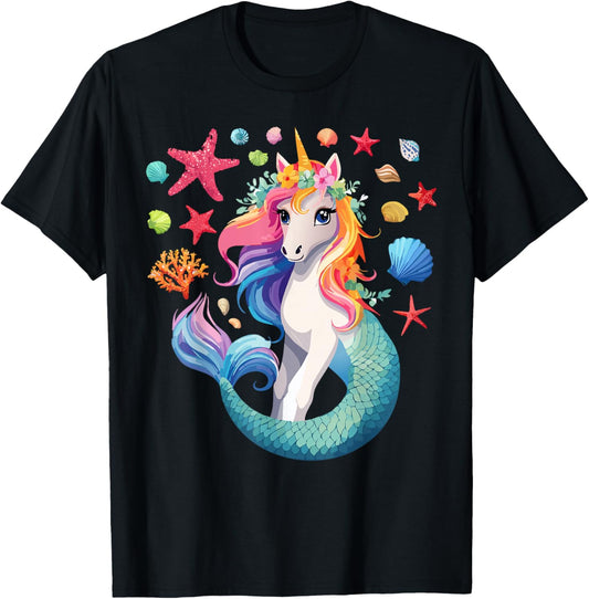 Mermicorn Unicorn Mermaid Lover Seashells Starfish T-Shirt - T-Shirt | Black