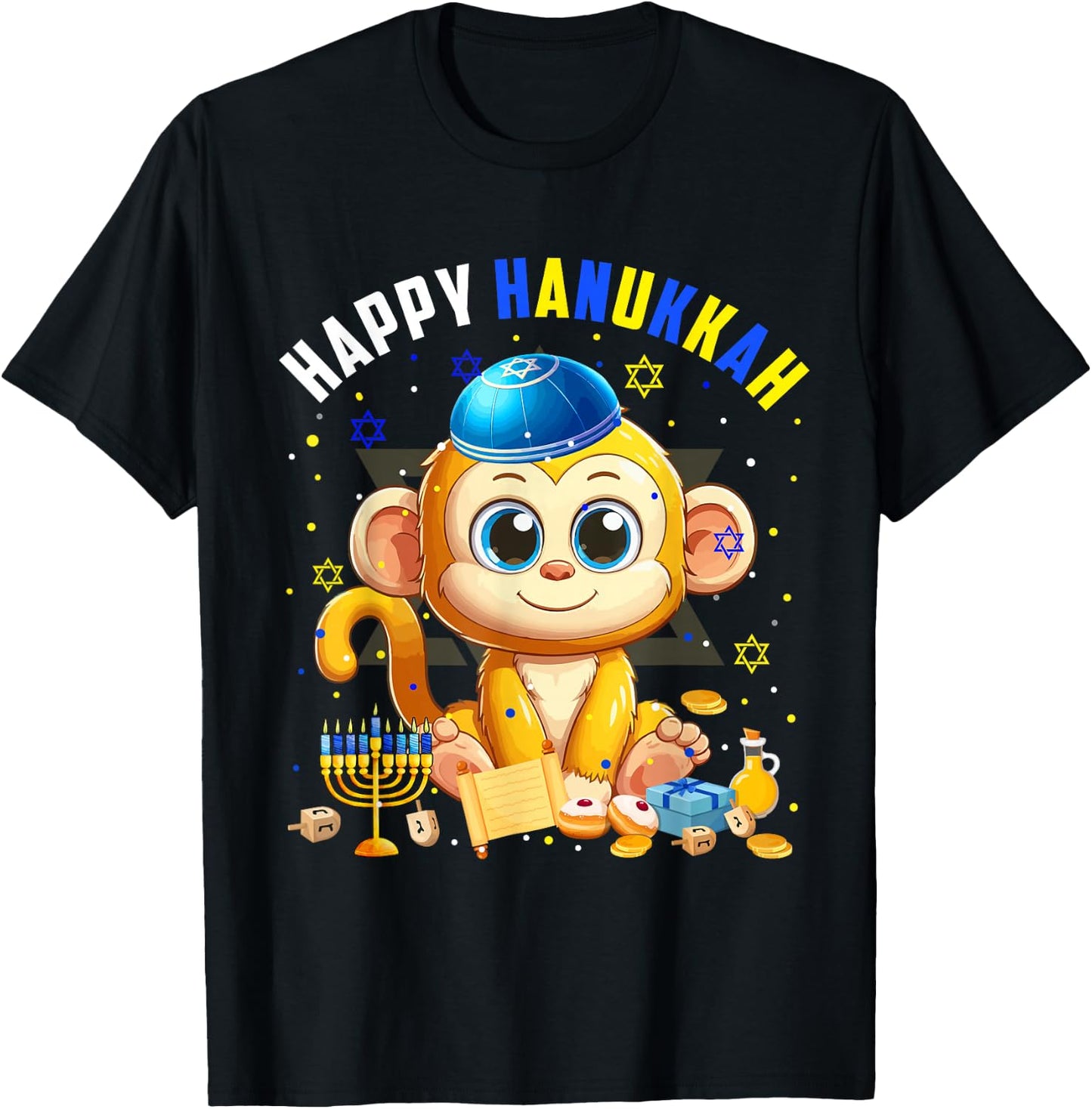 Happy Hanukkah Monkey Costume Jewish Symbols Menorah Lover T-Shirt - T-Shirt | Black