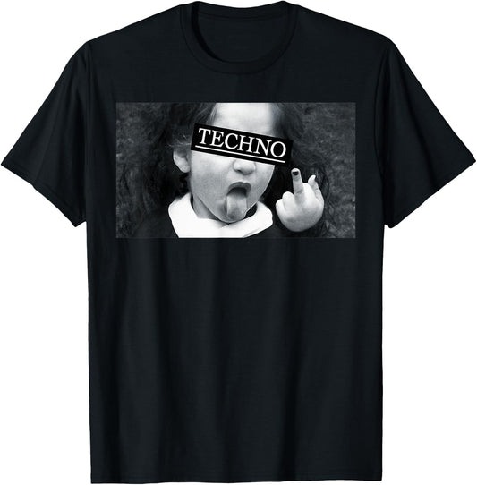 Techno Child with Tongue and Middle Finger Rave-Fun T-Shirt - T-Shirt | Black