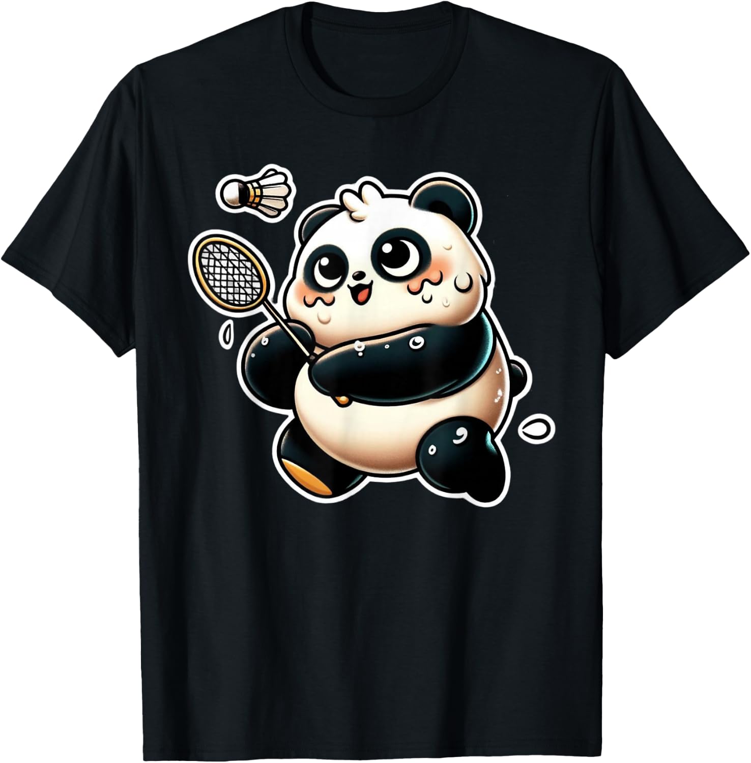 Funny Panda Playing Badminton Cute Sporty Exercise T-Shirt - T-Shirt | Black