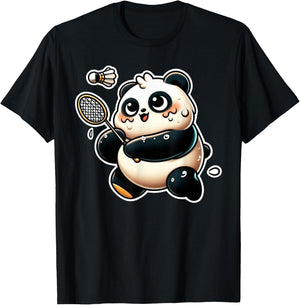 Funny Panda Playing Badminton Cute Sporty Exercise T-Shirt - T-Shirt | Black