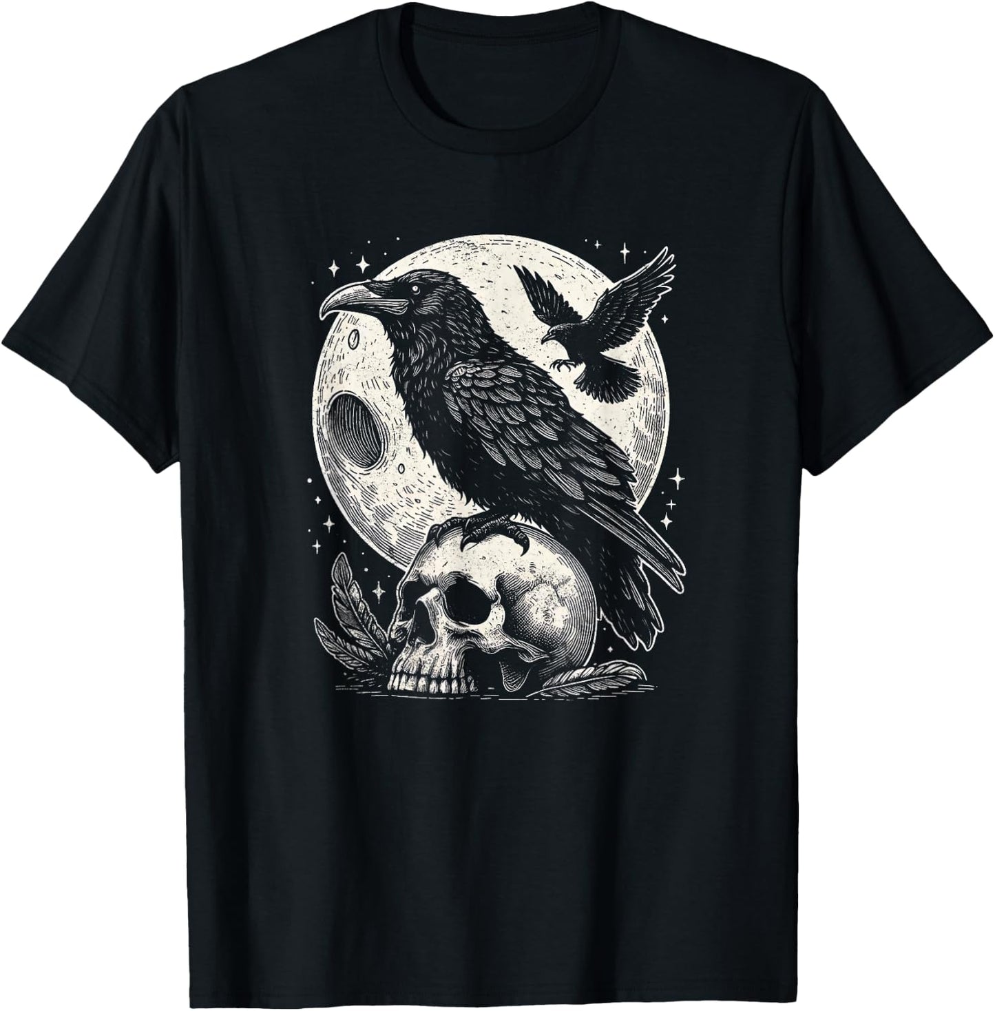 Gothic Raven Skull And Moon Art Crow Design T-Shirt - T-Shirt | Black