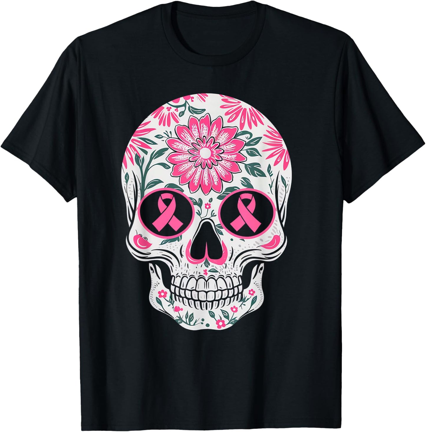 Pink Ribbon Skull Skeleton Breast Cancer Awareness T-Shirt - T-Shirt | Black