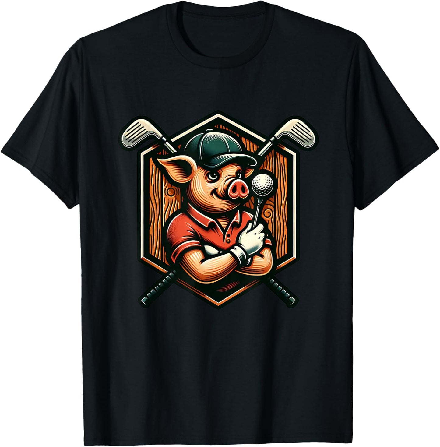 Funny Pig Golfer Swinging Clubs On Course T-Shirt - T-Shirt | Black