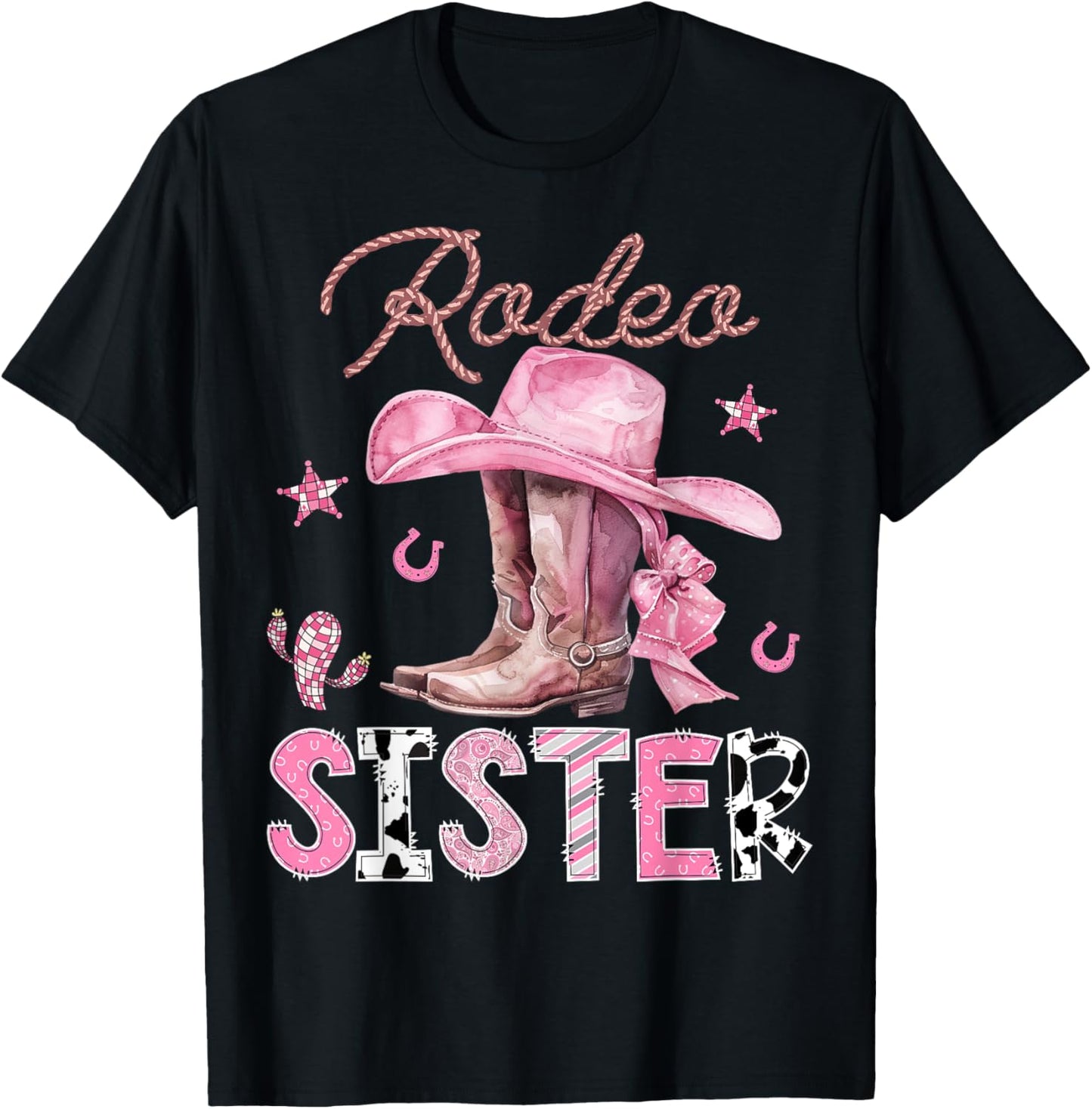 Rodeo Sister Pink Boots Coquette CowGirl Birthday Party T-Shirt - T-Shirt | Black