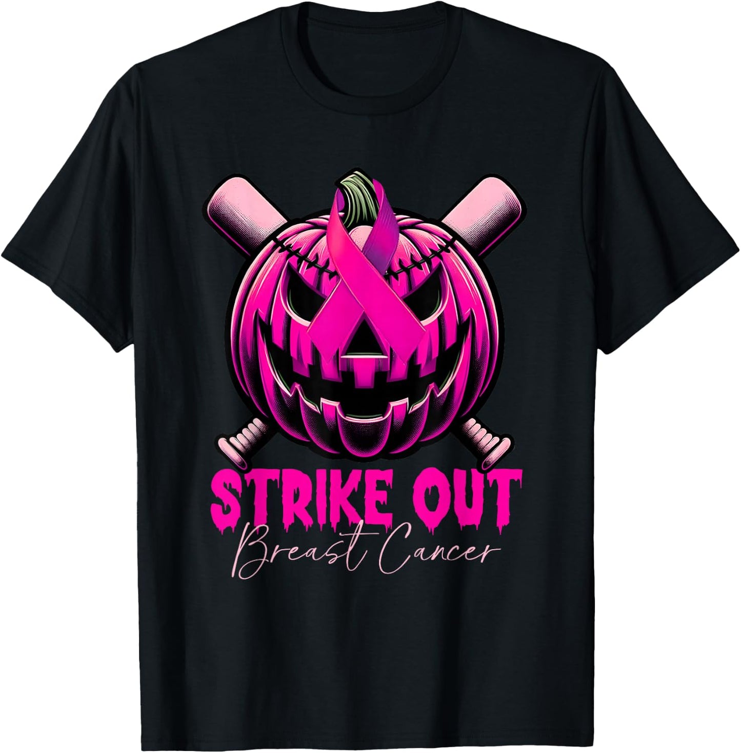 Strike Out Breast Cancer Awareness Baseball Pink Halloween T-Shirt - T-Shirt | Black