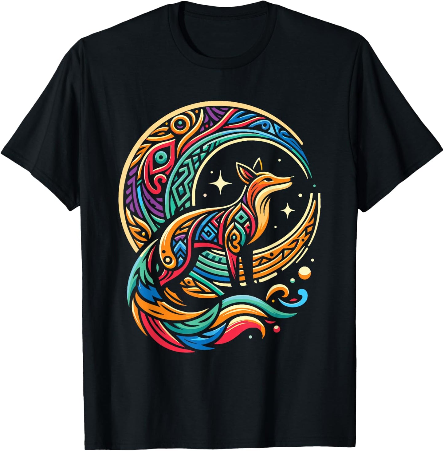 Fox Tribal Wildlife Animal Forest - Moon T-Shirt - T-Shirt | Black