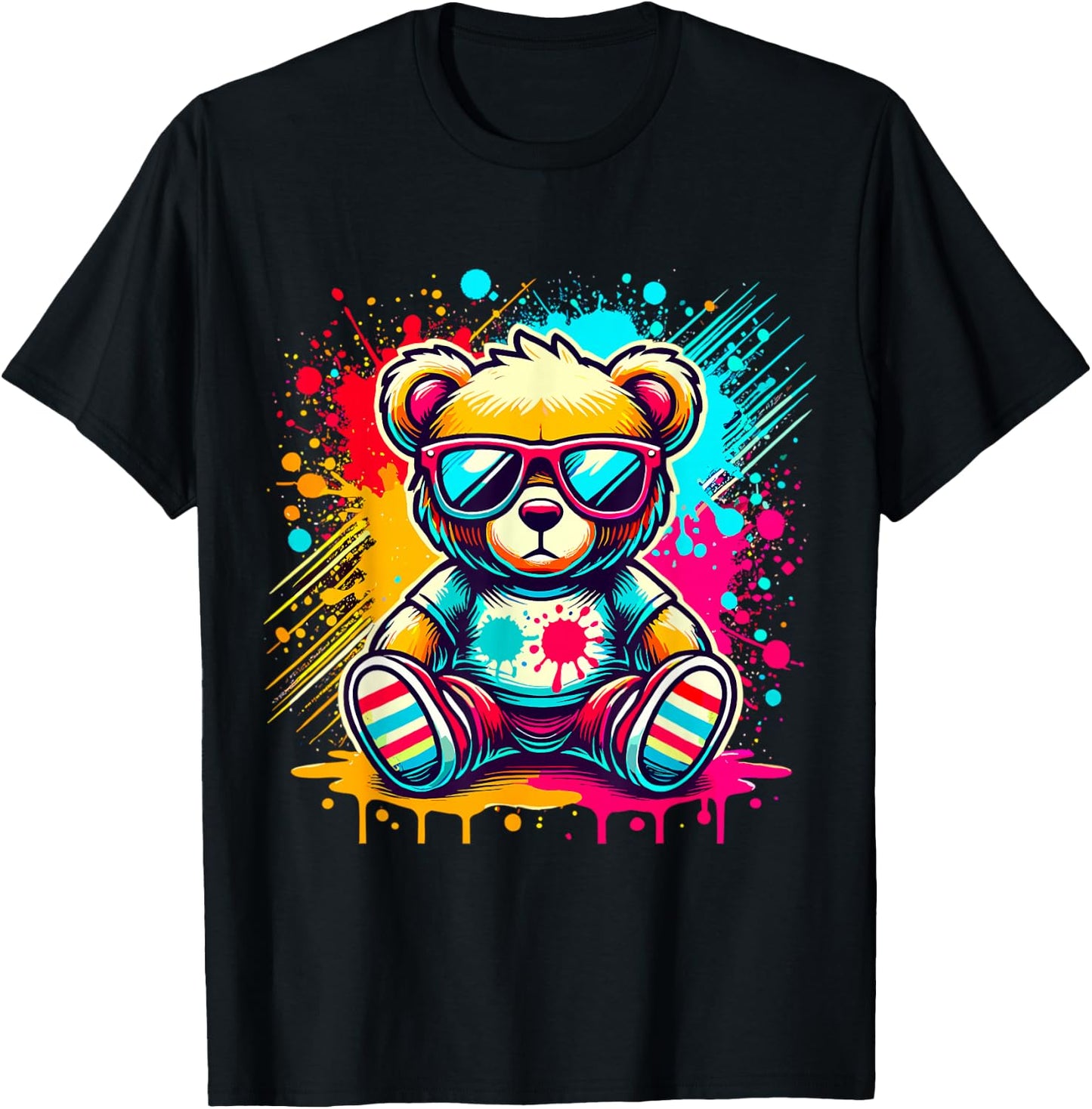 Colorful Teddy Bear with Sunglasses T-Shirt - T-Shirt | Black